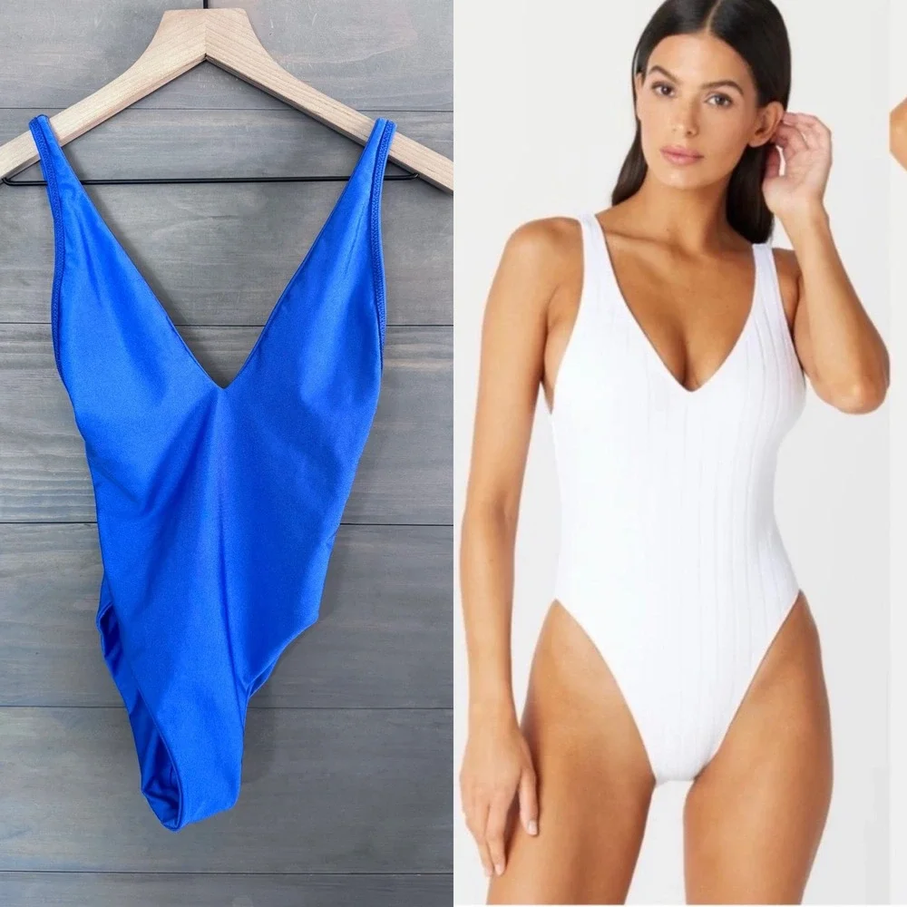Gigi C Bikinis Womens Blue Plunge Neck Low Back One Piece Swimsuit S Free People